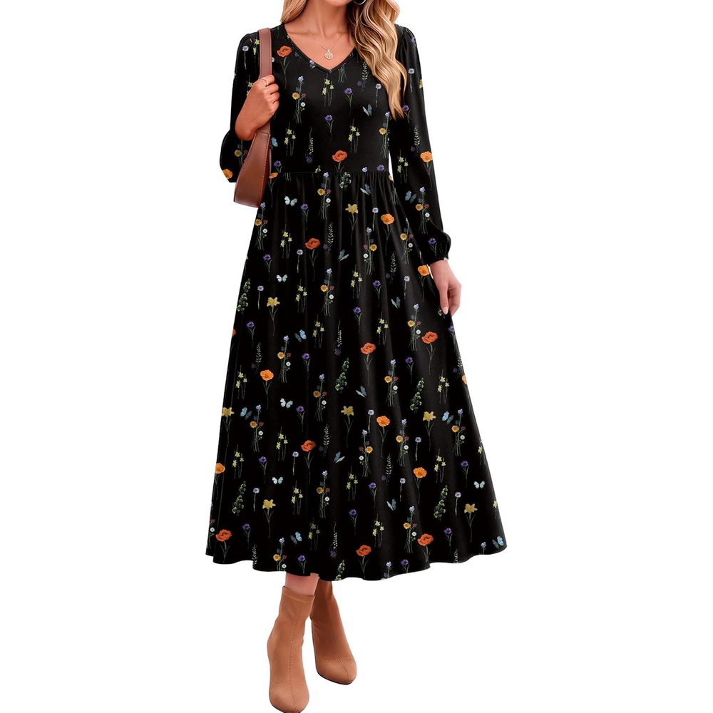 image:imageZeagoo Long Sleeve Midi Dress with Pockets Fall V Neck ALine Casual Women  aline Empire waist midi maxi dress with pockets casual flowy loose fit elegant modest boho clothes for daily work holidayBlack Floral