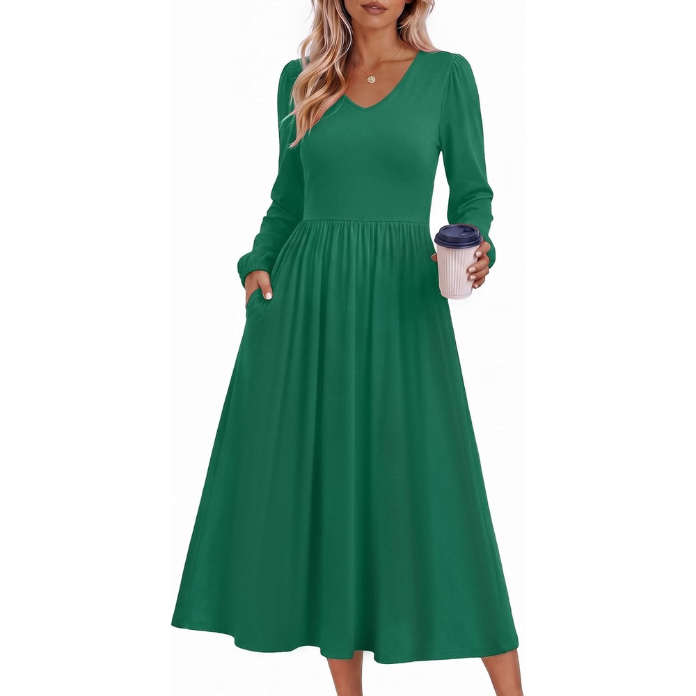 image:imageZeagoo Long Sleeve Midi Dress with Pockets Fall V Neck ALine Casual Women  aline Empire waist midi maxi dress with pockets casual flowy loose fit elegant modest boho clothes for daily work holidayDark Green
