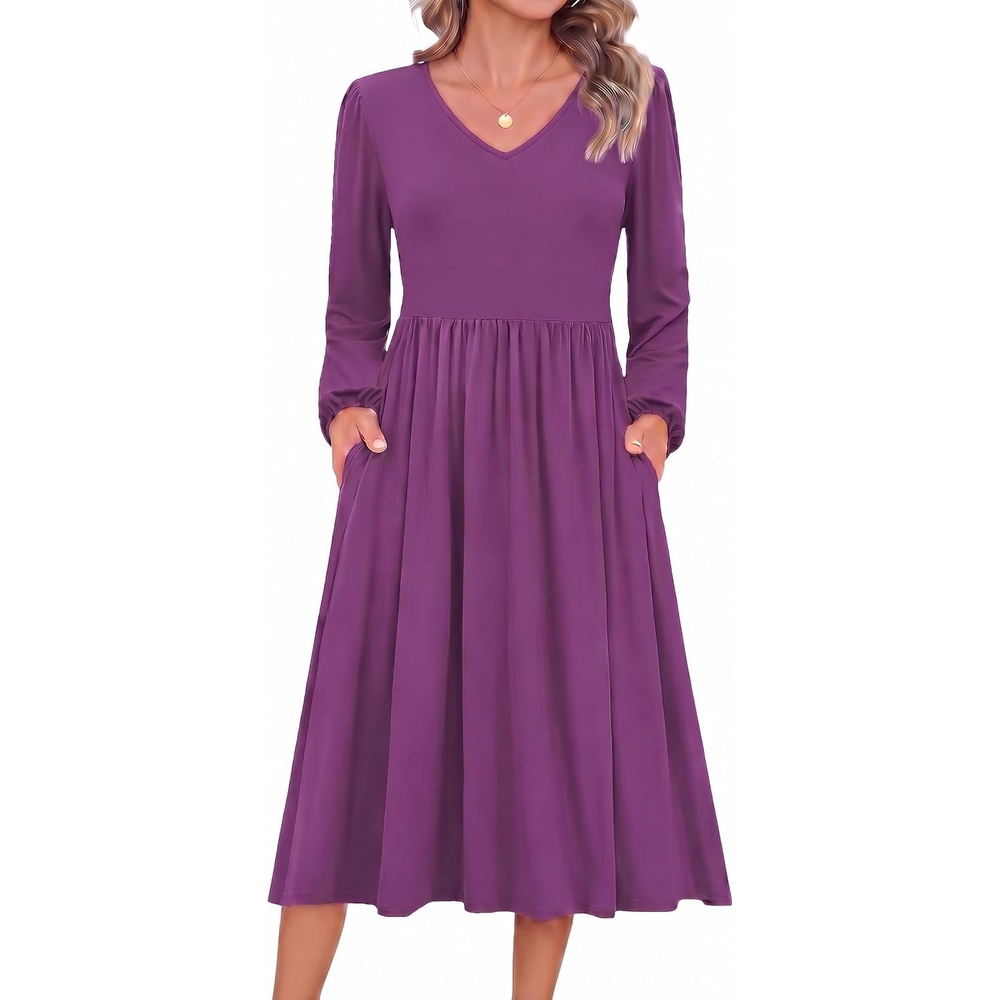 image:imageZeagoo Long Sleeve Midi Dress with Pockets Fall V Neck ALine Casual Women  aline Empire waist midi maxi dress with pockets casual flowy loose fit elegant modest boho clothes for daily work holidayPurple