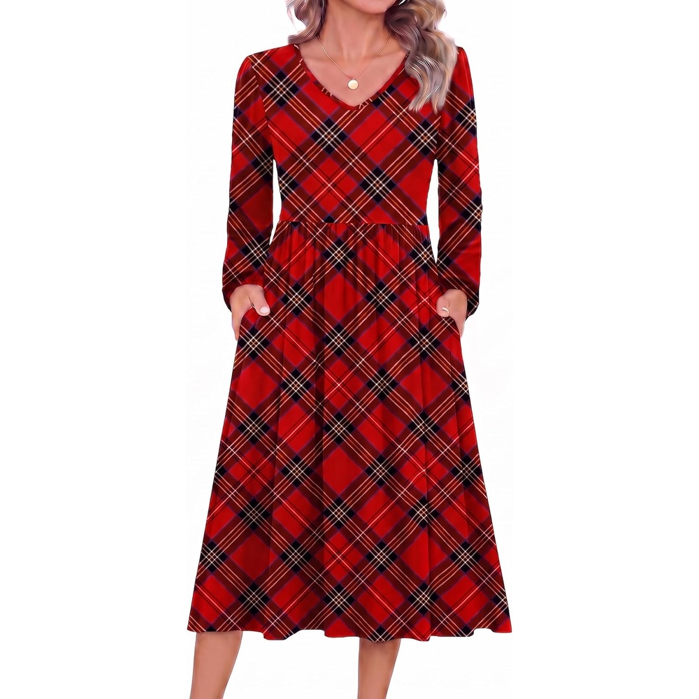 image:imageZeagoo Long Sleeve Midi Dress with Pockets Fall V Neck ALine Casual Women  aline Empire waist midi maxi dress with pockets casual flowy loose fit elegant modest boho clothes for daily work holidayRed Plaid
