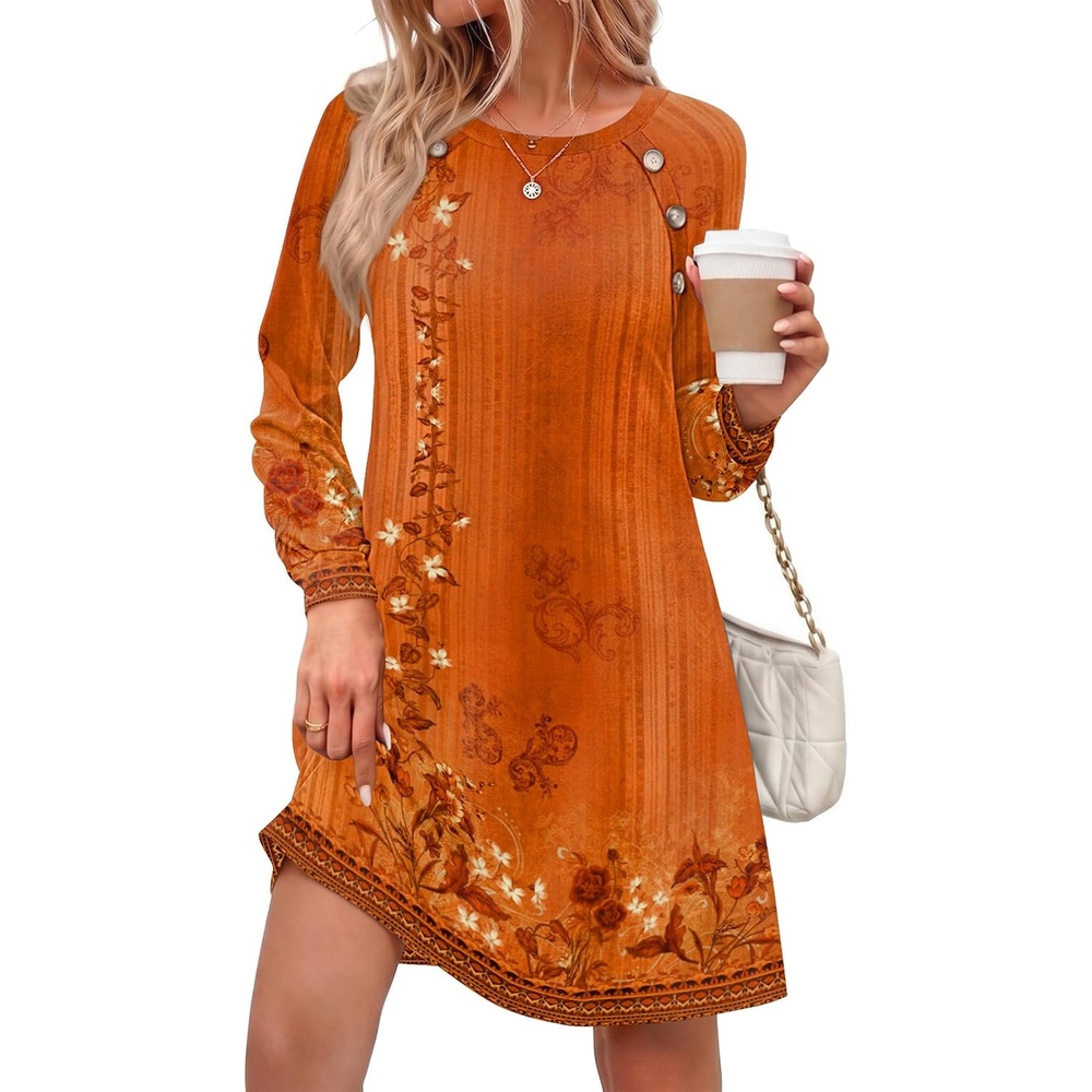 image:imageZeagoo Long Sleeve Tunic Dress Button Crew Neck Casual Fall ALine Dress Flowy fall winter tunic dress with pockets casual flowy loose fit shift mini dresses for women daily wear solid colorampprintOrange Floral