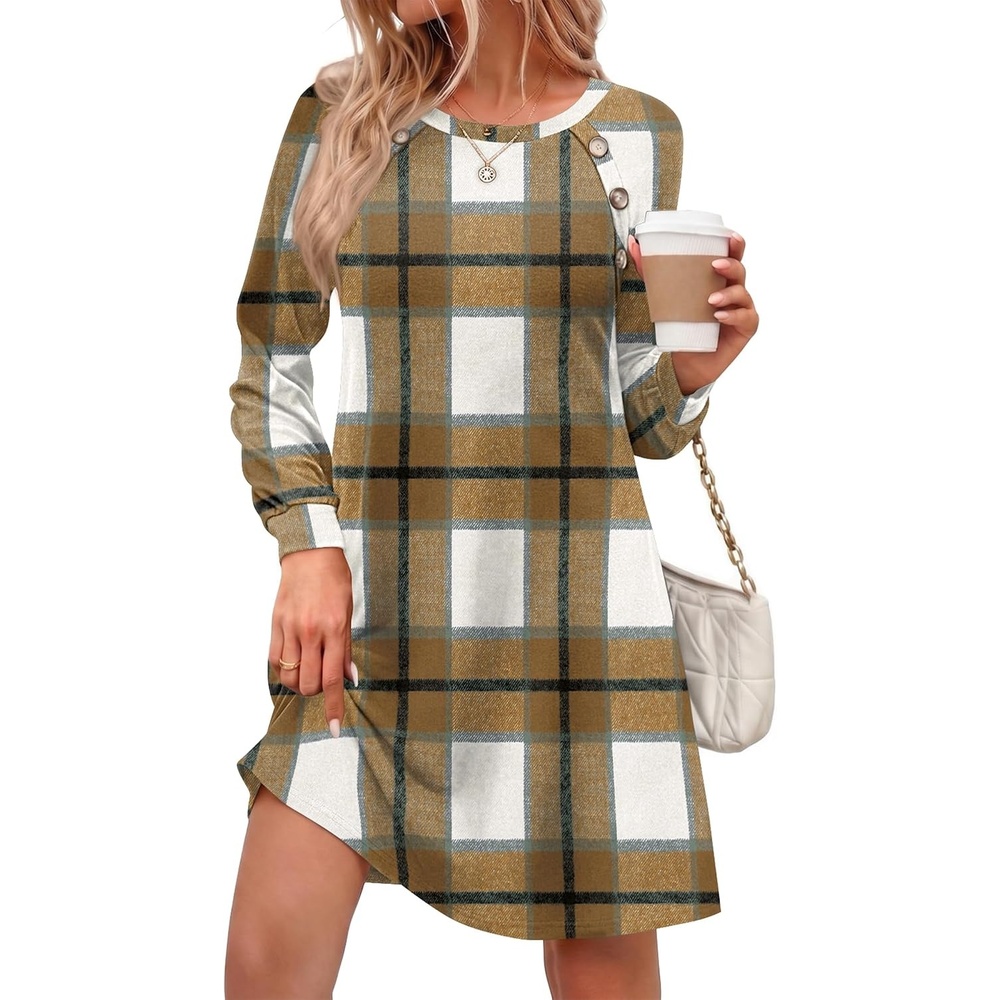image:imageZeagoo Long Sleeve Tunic Dress Button Crew Neck Casual Fall ALine Dress Flowy fall winter tunic dress with pockets casual flowy loose fit shift mini dresses for women daily wear solid colorampprintA02browm Plaid