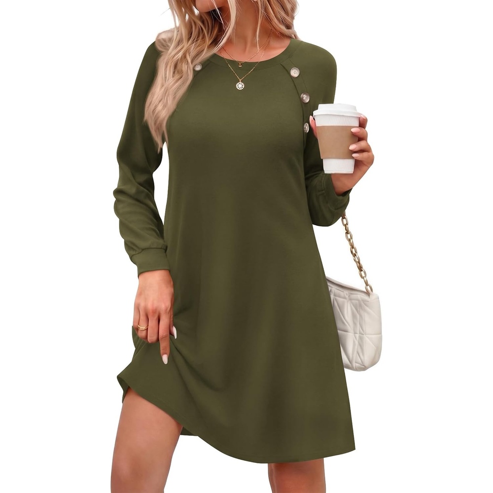 image:imageZeagoo Long Sleeve Tunic Dress Button Crew Neck Casual Fall ALine Dress Flowy fall winter tunic dress with pockets casual flowy loose fit shift mini dresses for women daily wear solid colorampprintArmy Green