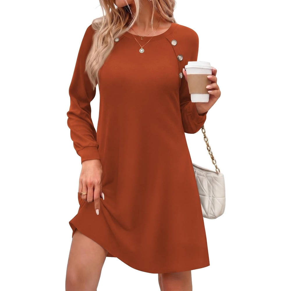 image:imageZeagoo Long Sleeve Tunic Dress Button Crew Neck Casual Fall ALine Dress Flowy fall winter tunic dress with pockets casual flowy loose fit shift mini dresses for women daily wear solid colorampprintCaramel