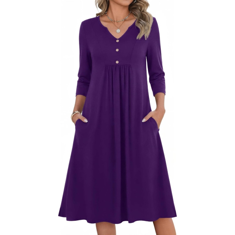 image:imageZeagoo Womens Dresses 34 Sleeve Casual Fall A Line Midi Dress with Pockets V Neck Empire Waist Sundress Button Decor Floral Boho Solid Color Loose Fit Flowy Vacation SundressesPurple