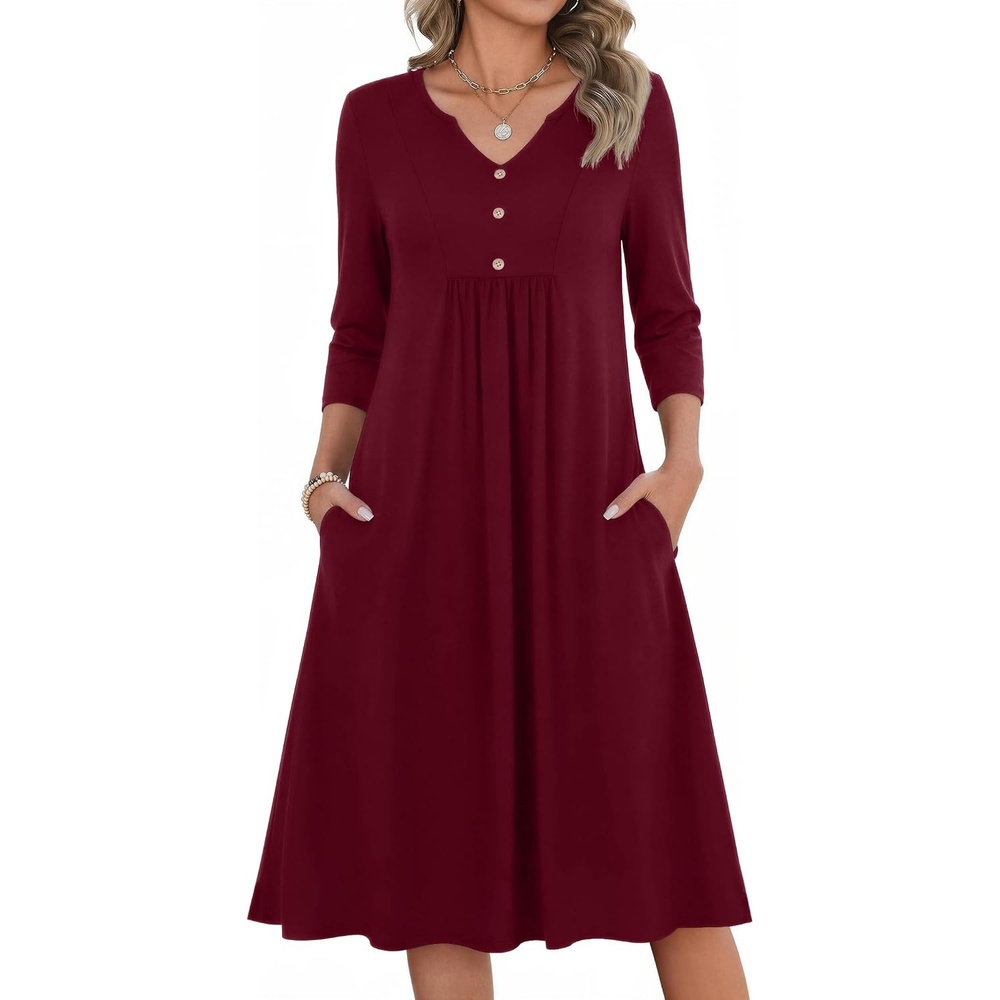 image:imageZeagoo Womens Dresses 34 Sleeve Casual Fall A Line Midi Dress with Pockets  V Neck Empire Waist Sundress Button Decor Floral Boho Solid Color Loose Fit Flowy Vacation SundressesWine Red