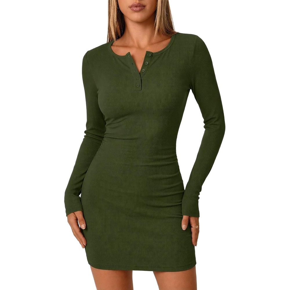 image:imageZeagoo Womens Long Sleeve Sweater Dress 2026 Buttun Up Slim Fit Dress Ribbed Knit Bodycon Dress for Fall WinterArmy Green