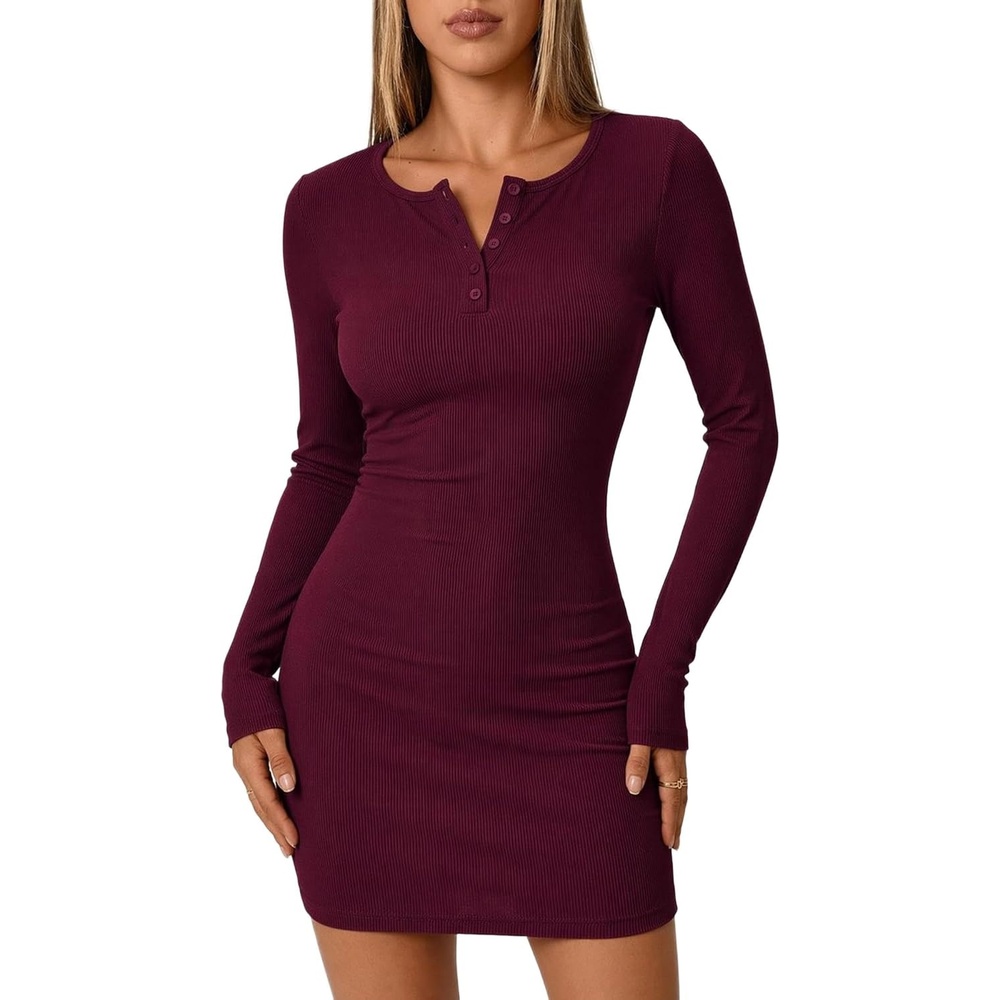image:imageZeagoo Womens Long Sleeve Sweater Dress 2026 Buttun Up Slim Fit Dress Ribbed Knit Bodycon Dress for Fall WinterBurgundy