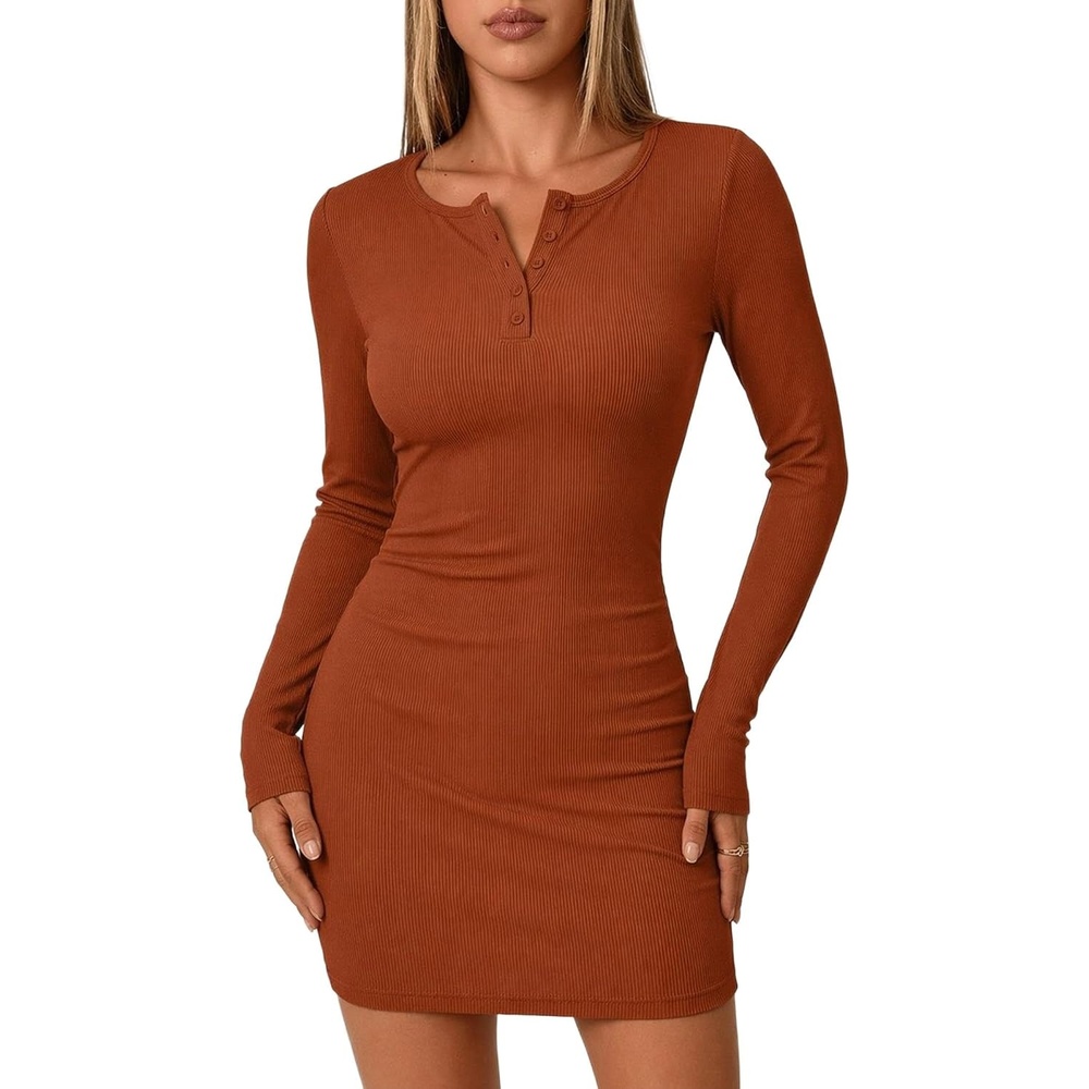 image:imageZeagoo Womens Long Sleeve Sweater Dress 2026 Buttun Up Slim Fit Dress Ribbed Knit Bodycon Dress for Fall WinterCaramel