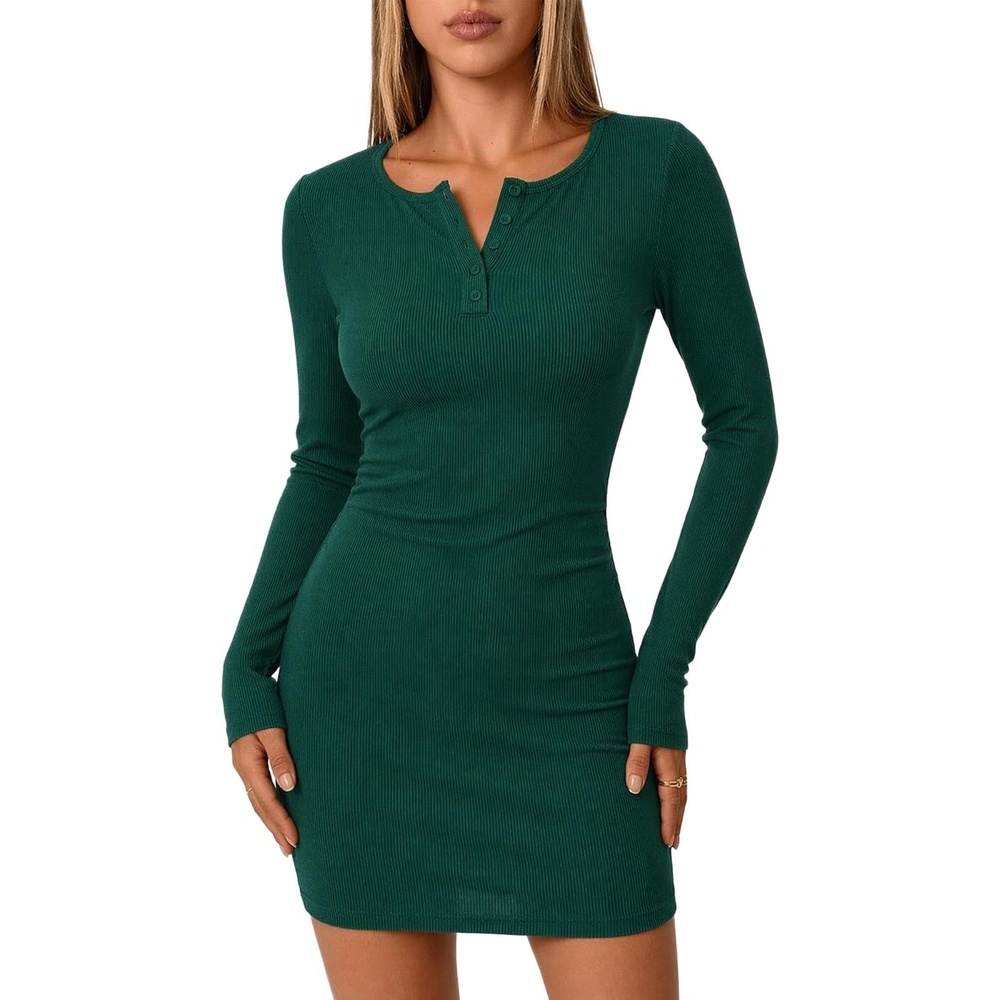image:imageZeagoo Womens Long Sleeve Sweater Dress 2026 Buttun Up Slim Fit Dress Ribbed Knit Bodycon Dress for Fall WinterDeep Green