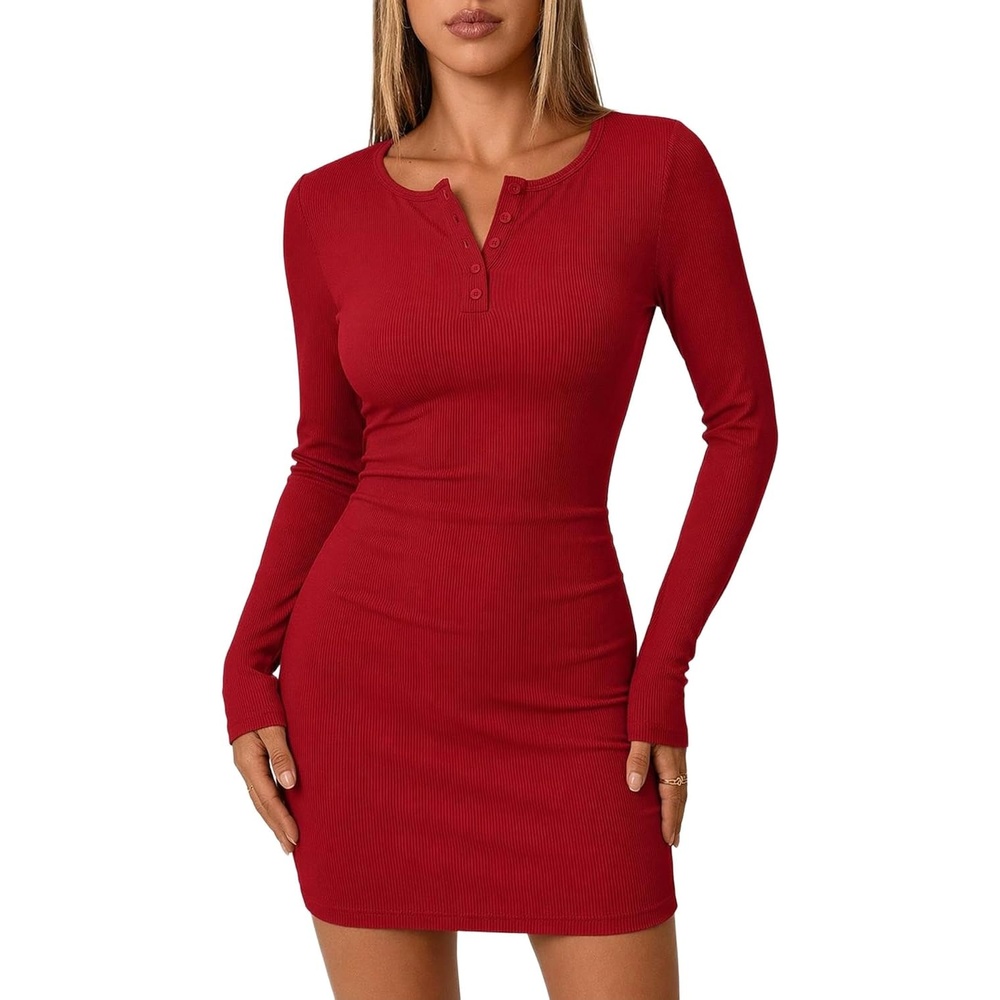 image:imageZeagoo Womens Long Sleeve Sweater Dress 2026 Buttun Up Slim Fit Dress Ribbed Knit Bodycon Dress for Fall WinterRed