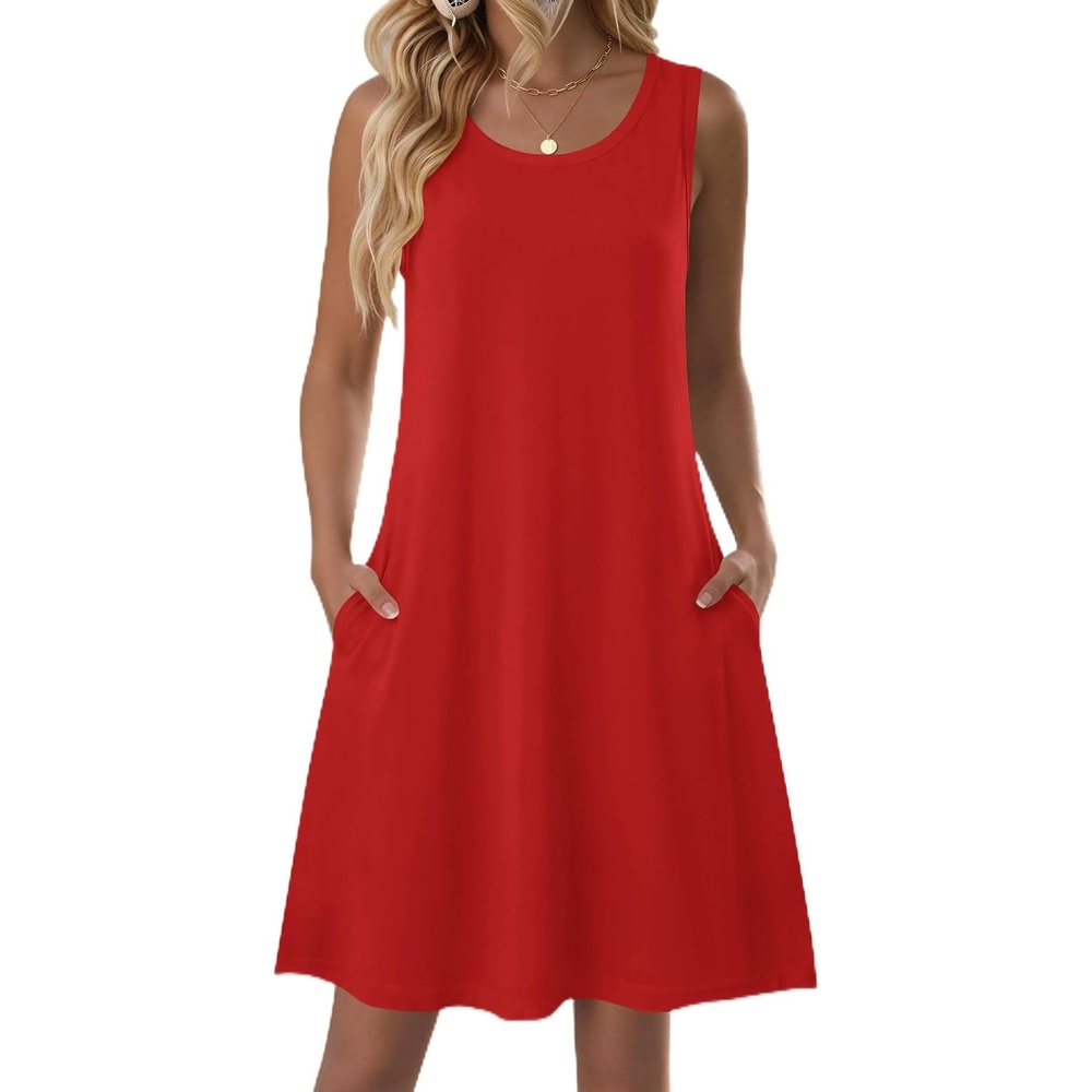 image:imageZeagoo Womens Summer Dress 2026 Sleeveless Casual ALine Tshirt Sundresses Dress With PocketFloral PrintCrewneckAline Flowy Swing Mini DressLoose Tank Tshirt DressFor Beach VocationRed