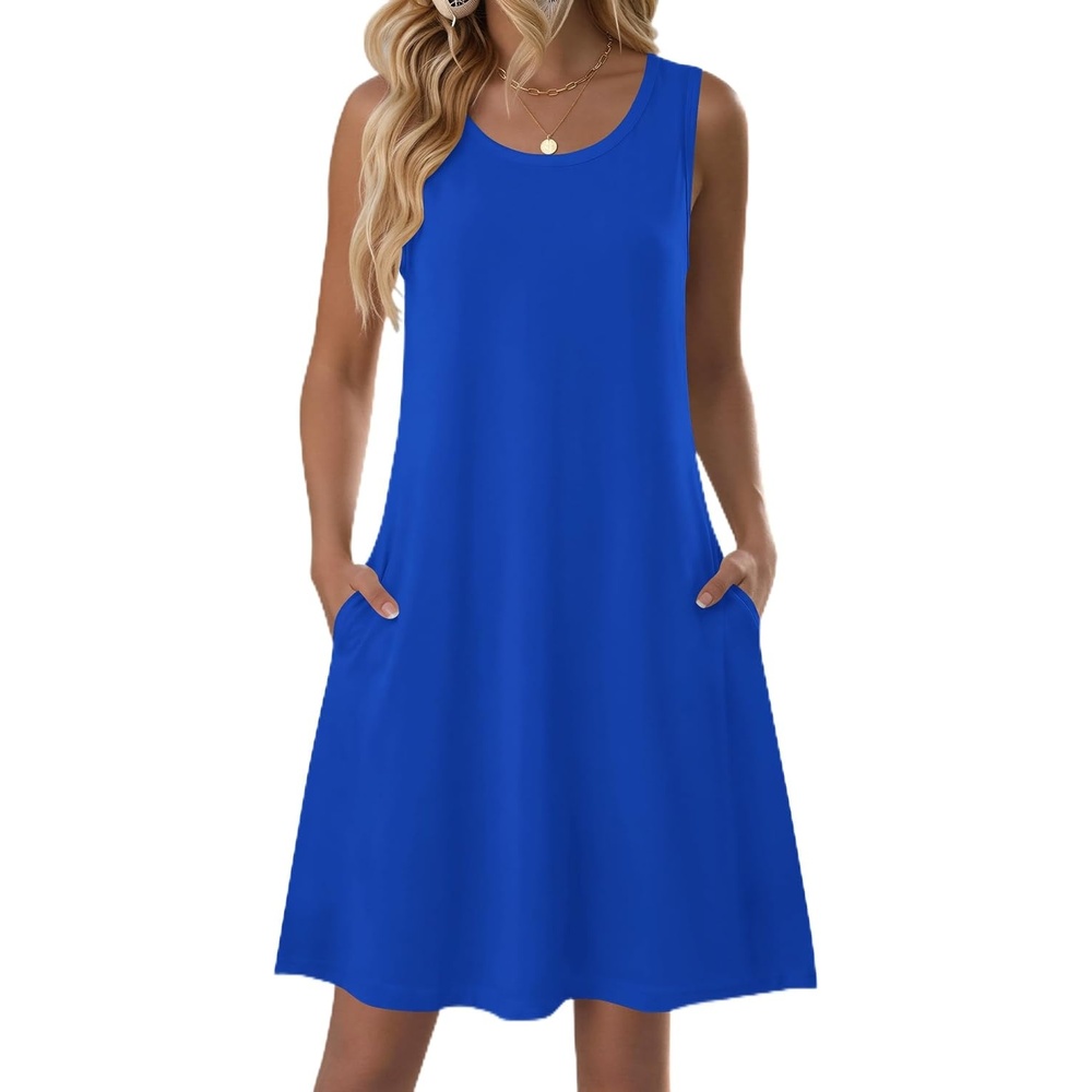 image:imageZeagoo Womens Summer Dress 2026 Sleeveless Casual ALine Tshirt Sundresses Dress With PocketFloral PrintCrewneckAline Flowy Swing Mini DressLoose Tank Tshirt DressFor Beach VocationSky Blue