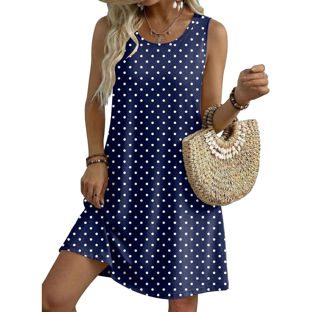 image:imageZeagoo Womens Summer Dress 2026 Sleeveless Casual ALine Tshirt Sundresses Dress With PocketFloral PrintCrewneckAline Flowy Swing Mini DressLoose Tank Tshirt DressFor Beach VocationNavy Round Dot