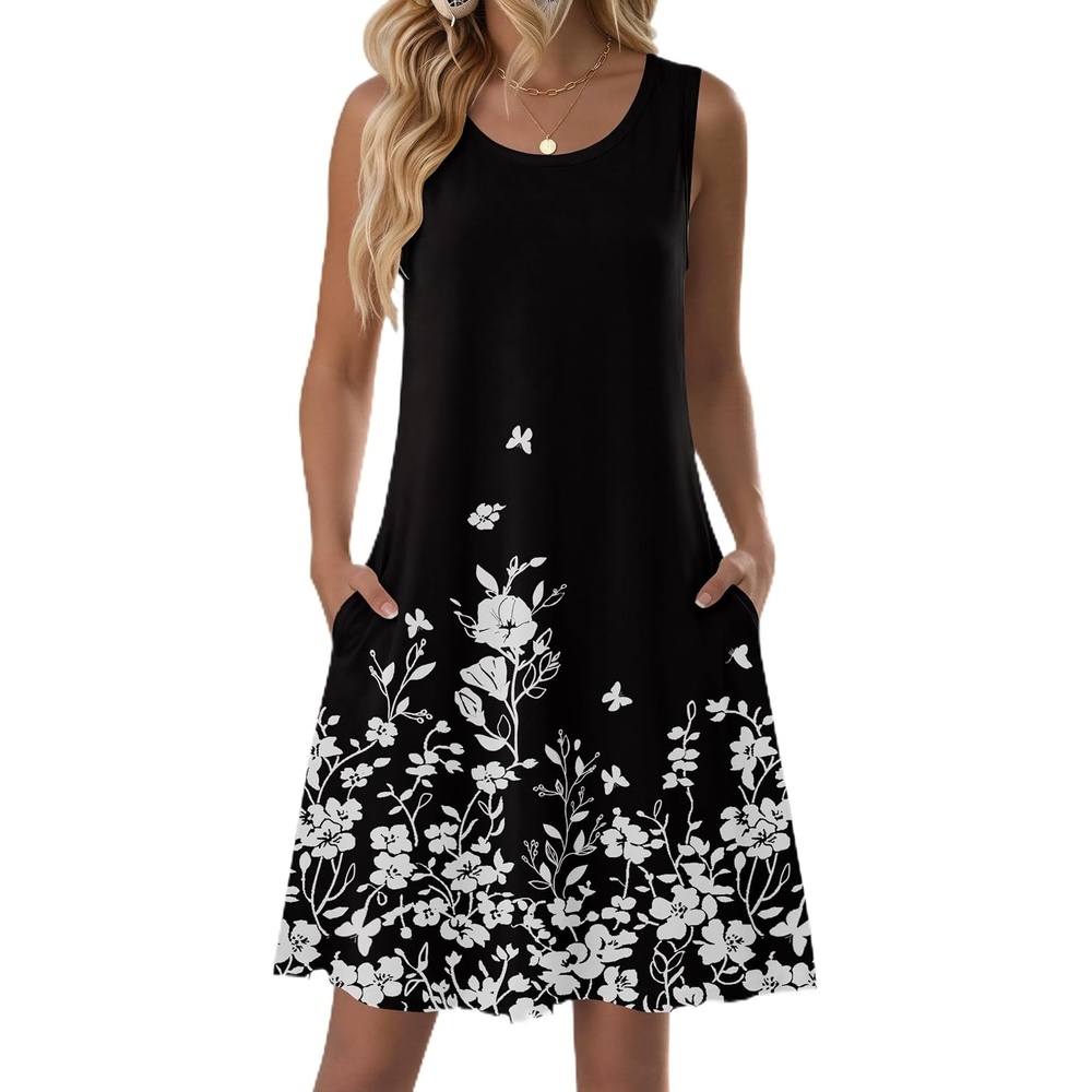 image:imageZeagoo Womens Summer Dress 2026 Sleeveless Casual ALine Tshirt Sundresses Dress With PocketFloral PrintCrewneckAline Flowy Swing Mini DressLoose Tank Tshirt DressFor Beach Vocation01black Floral