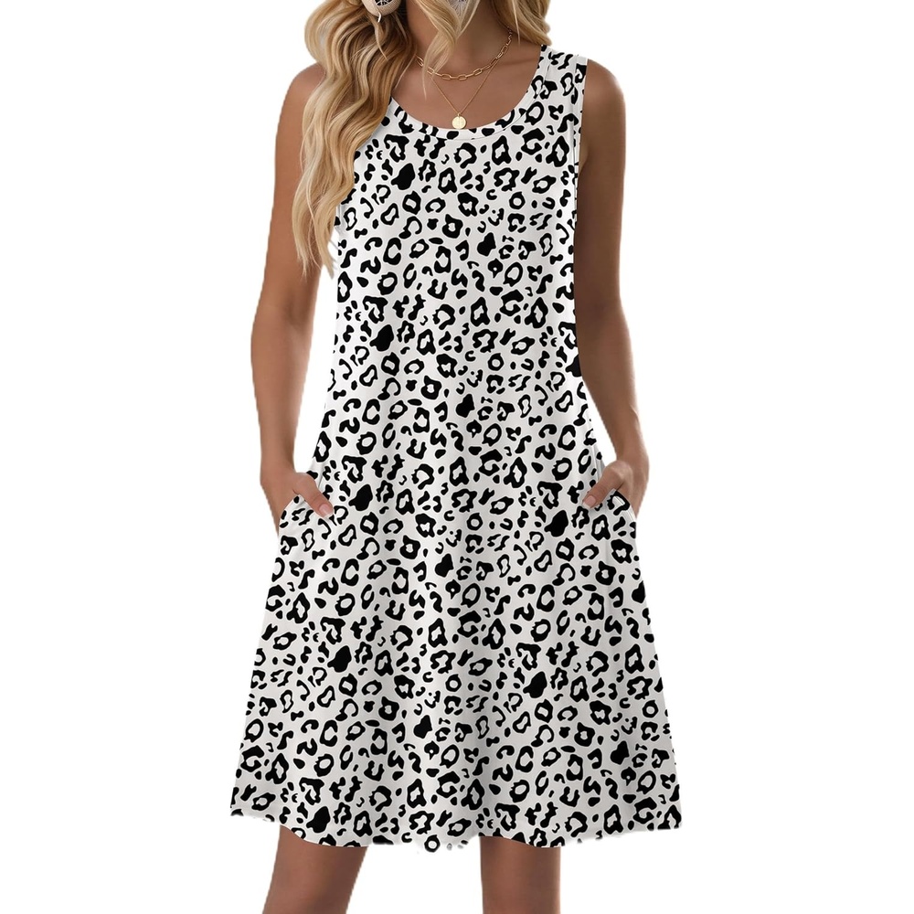 image:imageZeagoo Womens Summer Dress 2026 Sleeveless Casual ALine Tshirt Sundresses Dress With PocketFloral PrintCrewneckAline Flowy Swing Mini DressLoose Tank Tshirt DressFor Beach VocationAn19