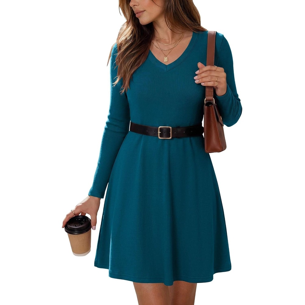 image:imageZeagoo Womens Sweater Dress Ribbed Knit V Neck Short Casual Dress Long Sleeve Fit and Flare A Line Swing Soft Stretch Empire Waist Knitted Mini Dresses for Fall Winter SpringBlue