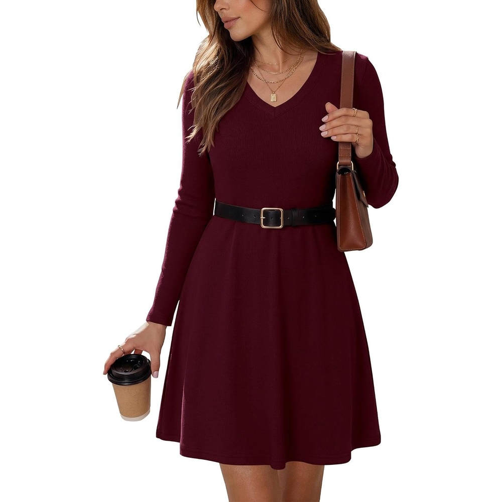 image:imageZeagoo Womens Sweater Dress Ribbed Knit V Neck Short Casual Dress Long Sleeve Fit and Flare A Line Swing Soft Stretch Empire Waist Knitted Mini Dresses for Fall Winter SpringWine Red