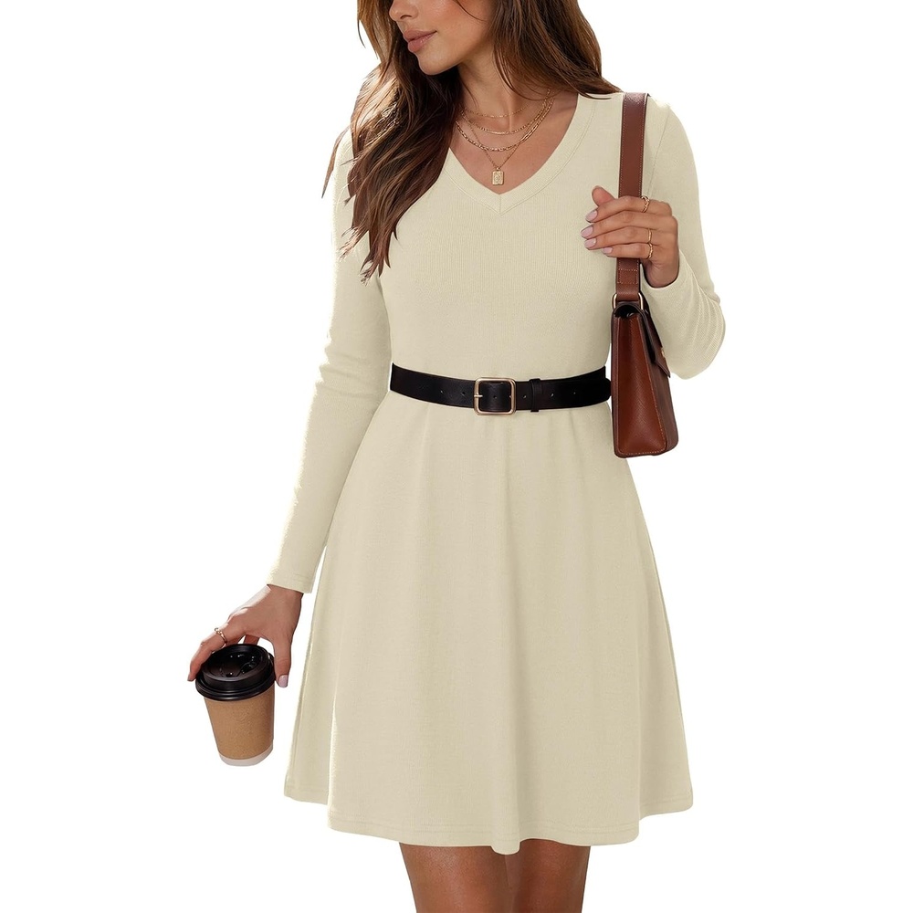 image:imageZeagoo Womens Sweater Dress Ribbed Knit V Neck Short Casual Dress  Long Sleeve Fit and Flare A Line Swing Soft Stretch Empire Waist Knitted Mini Dresses for Fall Winter SpringApricot