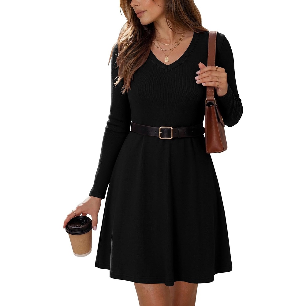 image:imageZeagoo Womens Sweater Dress Ribbed Knit V Neck Short Casual Dress Long Sleeve Fit and Flare A Line Swing Soft Stretch Empire Waist Knitted Mini Dresses for Fall Winter SpringBlack