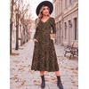 Zeagoo Dresses for Womens Long Sleeve Midi Dress Fall Casual A Line Dress | Fall Outfits 2026,V Neck Flare Dress with Pockets,Winter Long Dresses For Women,Floral Printed,Business Casual,Flowy Swing(Leopard Print)