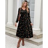 Zeagoo Long Sleeve Midi Dress with Pockets Fall V Neck A-Line Casual Women | a-line Empire waist midi maxi dress with pockets, casual flowy loose fit, elegant modest boho clothes for daily work holiday.(Black Floral)