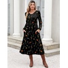Zeagoo Long Sleeve Midi Dress with Pockets Fall V Neck A-Line Casual Women | a-line Empire waist midi maxi dress with pockets, casual flowy loose fit, elegant modest boho clothes for daily work holiday.(Black Floral)
