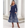 Zeagoo Long Sleeve Midi Dress with Pockets Fall V Neck A-Line Casual Women | a-line Empire waist midi maxi dress with pockets, casual flowy loose fit, elegant modest boho clothes for daily work holiday.(Navy Blue Floral)