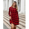 Zeagoo Long Sleeve Tunic Dress Button Crew Neck Casual Fall A-Line Dress | Flowy fall winter tunic dress with pockets, casual flowy loose fit shift mini dresses for women daily wear solid color&print(Red Plaid)
