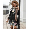 Zeagoo Long Sleeve Tunic Dress Button Crew Neck Casual Fall A-Line Dress | Flowy fall winter tunic dress with pockets, casual flowy loose fit shift mini dresses for women daily wear solid color&print(Black Floral)