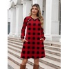 Zeagoo Long Sleeve Tunic Dress Button Crew Neck Casual Fall A-Line Dress | Flowy fall winter tunic dress with pockets, casual flowy loose fit shift mini dresses for women daily wear solid color&print(Red Plaid)