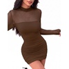Zeagoo Women’s Mesh Sheer Long Sleeve Dress Ruched Bodycon Mock Neck Cocktail Party Sexy Mini Dresses 2026(Brown)