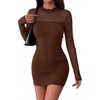 Zeagoo Women’s Mesh Sheer Long Sleeve Dress Ruched Bodycon Mock Neck Cocktail Party Sexy Mini Dresses 2026(Brown)