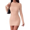 Zeagoo Women’s Mesh Sheer Long Sleeve Dress Ruched Bodycon Mock Neck Cocktail Party Sexy Mini Dresses 2026(Khaki)
