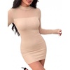 Zeagoo Women’s Mesh Sheer Long Sleeve Dress Ruched Bodycon Mock Neck Cocktail Party Sexy Mini Dresses 2026(Khaki)