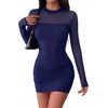 Zeagoo Women’s Mesh Sheer Long Sleeve Dress Ruched Bodycon Mock Neck Cocktail Party Sexy Mini Dresses 2026(Navy Blue)