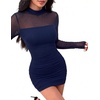 Zeagoo Women’s Mesh Sheer Long Sleeve Dress Ruched Bodycon Mock Neck Cocktail Party Sexy Mini Dresses 2026(Navy Blue)