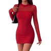 Zeagoo Women’s Mesh Sheer Long Sleeve Dress Ruched Bodycon Mock Neck Cocktail Party Sexy Mini Dresses 2026(Red)