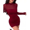Zeagoo Women’s Mesh Sheer Long Sleeve Dress Ruched Bodycon Mock Neck Cocktail Party Sexy Mini Dresses 2026(Wine Red)