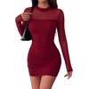 Zeagoo Women’s Mesh Sheer Long Sleeve Dress Ruched Bodycon Mock Neck Cocktail Party Sexy Mini Dresses 2026(Wine Red)