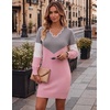 Zeagoo Women’s Sweater Dress Long Sleeve V Neck Short Mini Knitted Dress | Fall Winter Fitted Thick Casual Knit Dress Long Sweater(Grey & Pink)