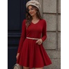 Zeagoo Women’s Sweater Dress Ribbed Knit V Neck Short Casual Dress | Long Sleeve Fit and Flare A Line Swing Soft Stretch Empire Waist Knitted Mini Dresses for Fall Winter Spring(Red)