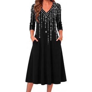 Zeagoo Dresses for Womens Long Sleeve Midi Dress Fall Casual A Line Dress | Fall Outfits 2026,V Neck Flare Dress with Pockets,Winter Long Dresses For Women,Floral Printed,Business Casual,Flowy Swing(Black White)