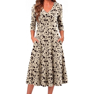 Zeagoo Dresses for Womens Long Sleeve Midi Dress Fall Casual A Line Dress | Fall Outfits 2026,V Neck Flare Dress with Pockets,Winter Long Dresses For Women,Floral Printed,Business Casual,Flowy Swing(Khaki Printed)