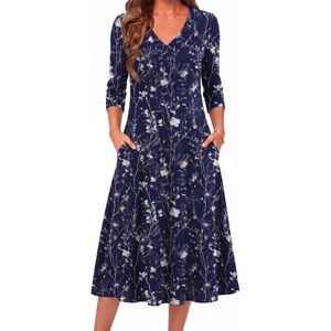 Zeagoo Dresses for Womens Long Sleeve Midi Dress Fall Casual A Line Dress | Fall Outfits 2026,V Neck Flare Dress with Pockets,Winter Long Dresses For Women,Floral Printed,Business Casual,Flowy Swing(Blue Loral-2)