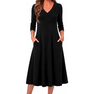 Zeagoo Dresses for Womens Long Sleeve Midi Dress Fall Casual A Line Dress | Fall Outfits 2026,V Neck Flare Dress with Pockets,Winter Long Dresses For Women,Floral Printed,Business Casual,Flowy Swing(Black)
