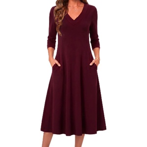 Zeagoo Dresses for Womens Long Sleeve Midi Dress Fall Casual A Line Dress | Fall Outfits 2026,V Neck Flare Dress with Pockets,Winter Long Dresses For Women,Floral Printed,Business Casual,Flowy Swing(Red)