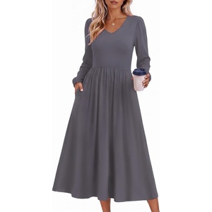 Zeagoo Long Sleeve Midi Dress with Pockets Fall V Neck A-Line Casual Women | a-line Empire waist midi maxi dress with pockets, casual flowy loose fit, elegant modest boho clothes for daily work holiday.(Dark Grey)