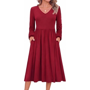 Zeagoo Long Sleeve Midi Dress with Pockets Fall V Neck A-Line Casual Women | a-line Empire waist midi maxi dress with pockets, casual flowy loose fit, elegant modest boho clothes for daily work holiday.(Wine Red)