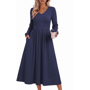Zeagoo Long Sleeve Midi Dress with Pockets Fall V Neck A-Line Casual Women | a-line Empire waist midi maxi dress with pockets, casual flowy loose fit, elegant modest boho clothes for daily work holiday.(Navy Blue)
